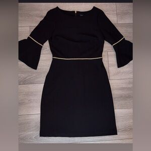 Tommy Hilfiger Size 4 Dress Black Gold Zip Up Bell Sleeved Fancy Mid Length EUC